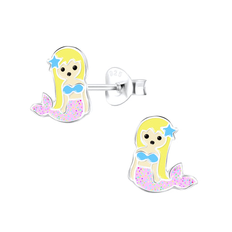 Silver Pink Mermaid Ear Studs