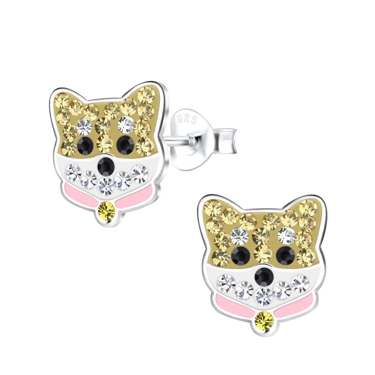 Gold Dog Head Crystal Ear Studs