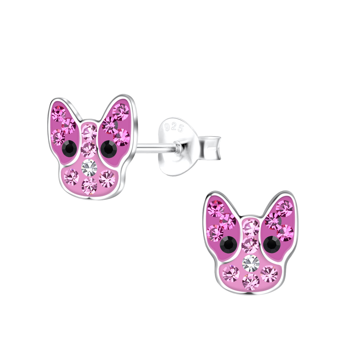 Silver Pink Dog Head Crystal Ear Studs