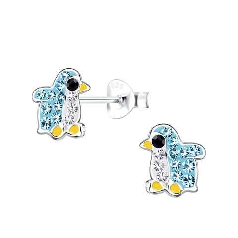 Silver Penguin Crystal Ear Studs
