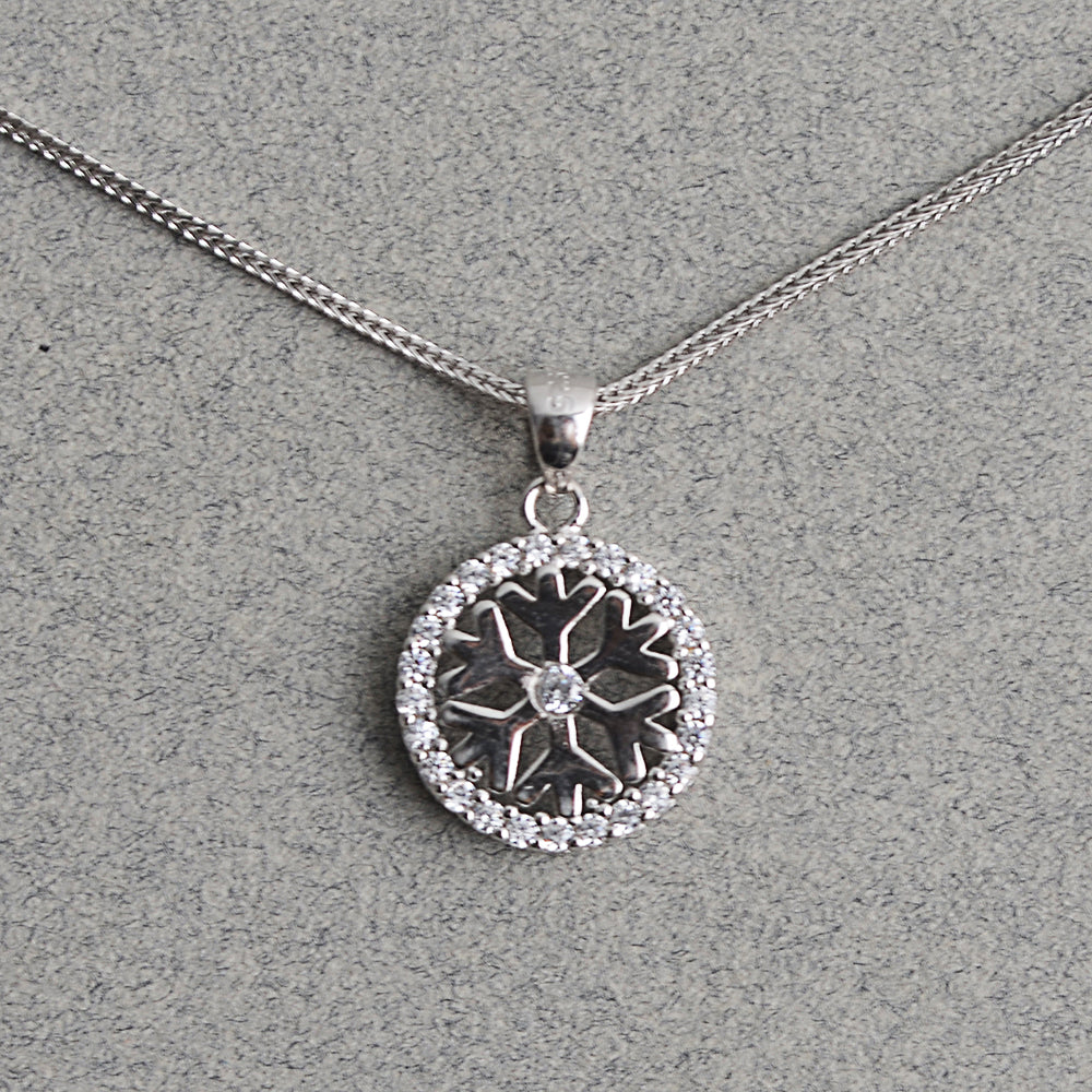 Snowflake with Crystal Round Outline Pendant